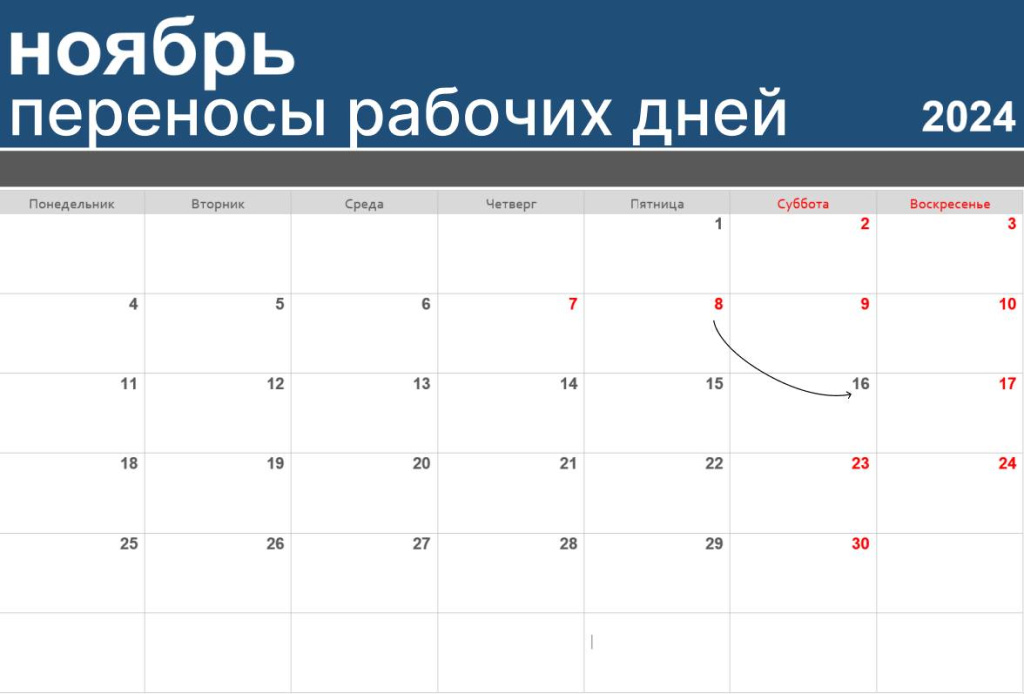 Переносы рабочих дней в ноябре 2024 году
