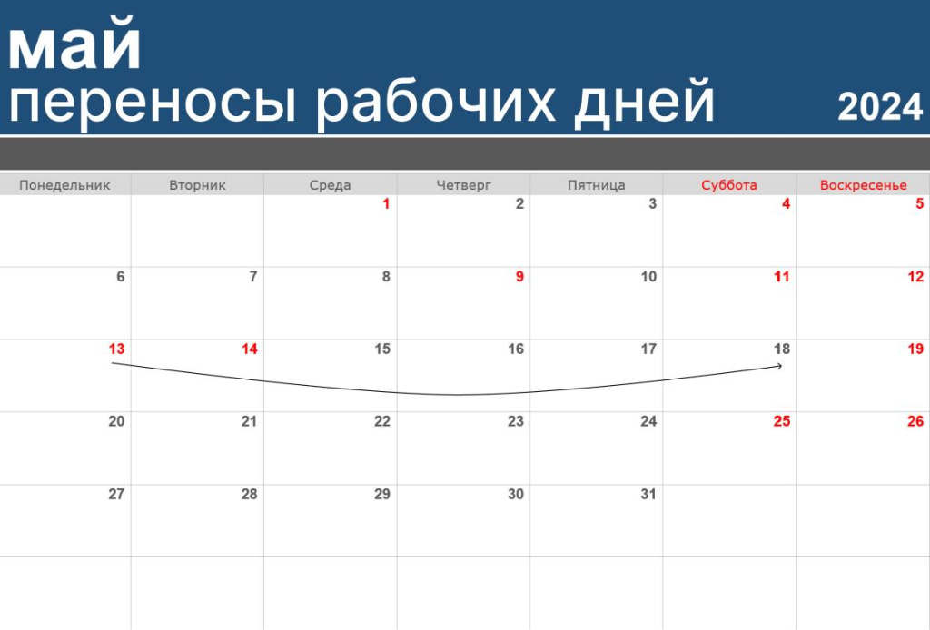 Переносы рабочих дней в мае 2024 года